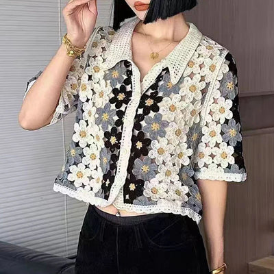 Crochet Knit Shirt Short Sleeve Floral Granny Square | SAMAG