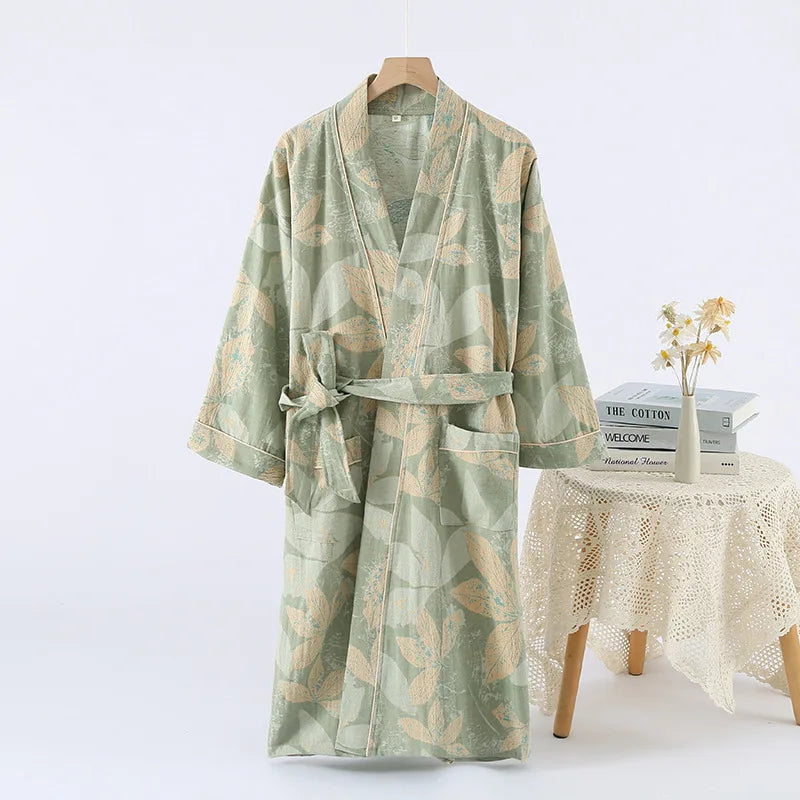 2026Couple's Printed Cotton Loose Fitting Bathrobe Japanese Style Tie Up Kimono Bathrobe Sweat Steaming Cotton Pajamas Robes Men