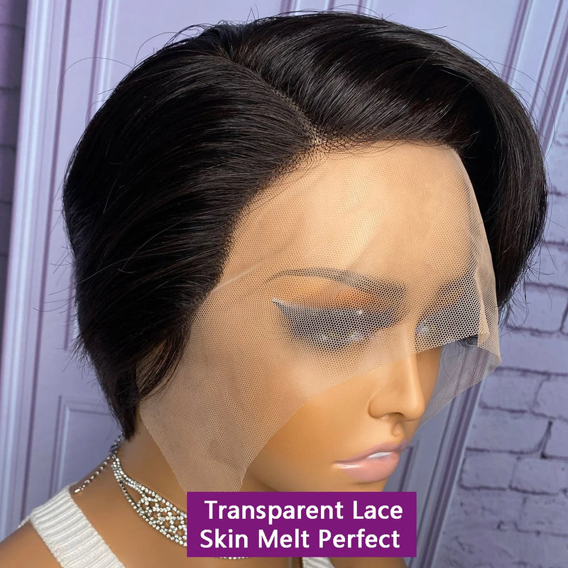 Straight Pixie Cut Wig Transparent Lace Front Human Hair Wig Short Bob Wigs 13x4 4x4 Pixie Wig Brazilian Remy Human Hair #1B Natural Color