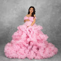 Maternity Dresses for Photoshoot Ruffles Tulle Pregnant Photo Gowns Baby Shower Off Shoulder Front Slit Bridal Sleepwear Robe