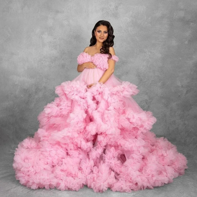 Maternity Dresses for Photoshoot Ruffles Tulle Pregnant Photo Gowns Baby Shower Off Shoulder Front Slit Bridal Sleepwear Robe