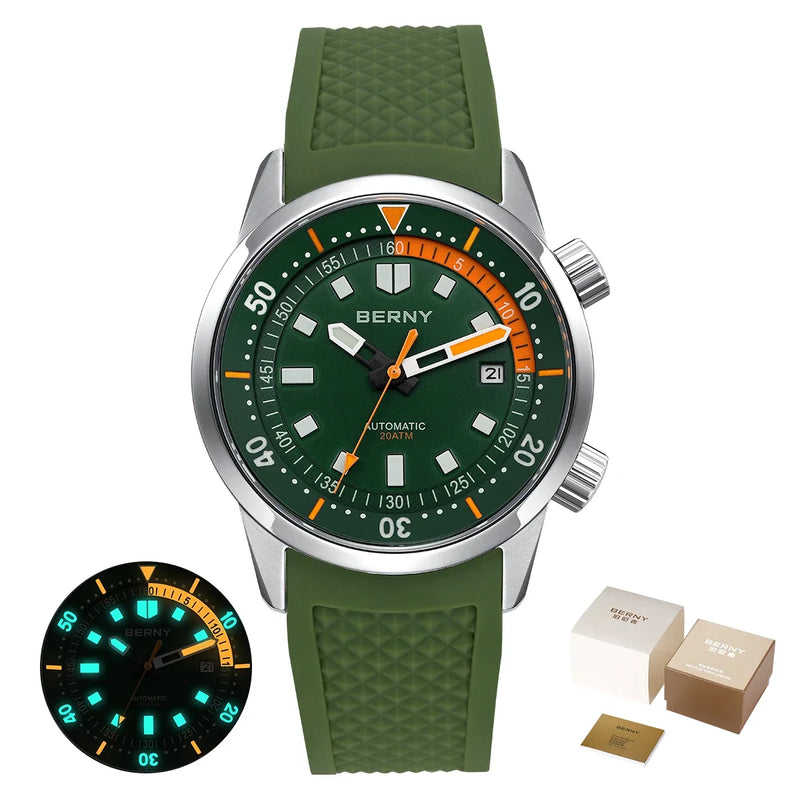 BERNY Automatic Diving Watches for Men 20ATM Super Luminous Mechanical Men's Diver Watch Sapphire Full Stainless Steel Dive