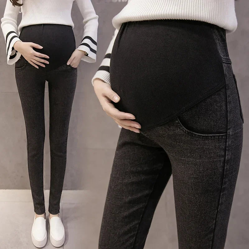 Maternity Pregnancy Skinny Trousers Jeans Pants Elastic Pregnant Women's Feet Stomach Lift  Stretch Denim