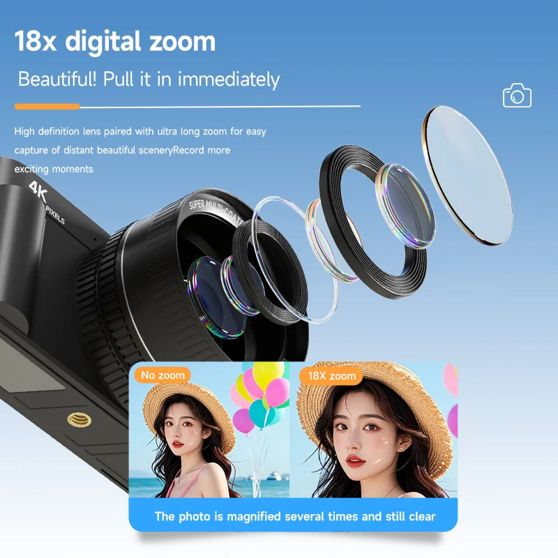 Digital Camera 4K 64MP HD 18X Zoom Autofocus Retro Compact Digital Camera with 2.8 Inch Screen for Travel Photography Vlogging