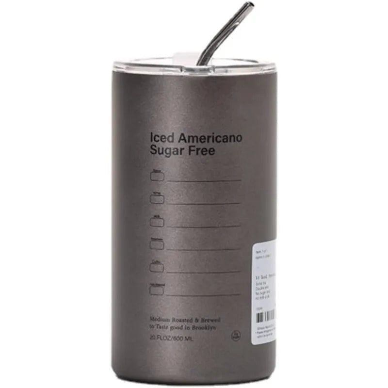 600ml Portable Thermos Cup 304 Stainless Steel Coffee Mug Thermal Leak-proof Water Bottle with Straw Insulated Bottle Drinkware