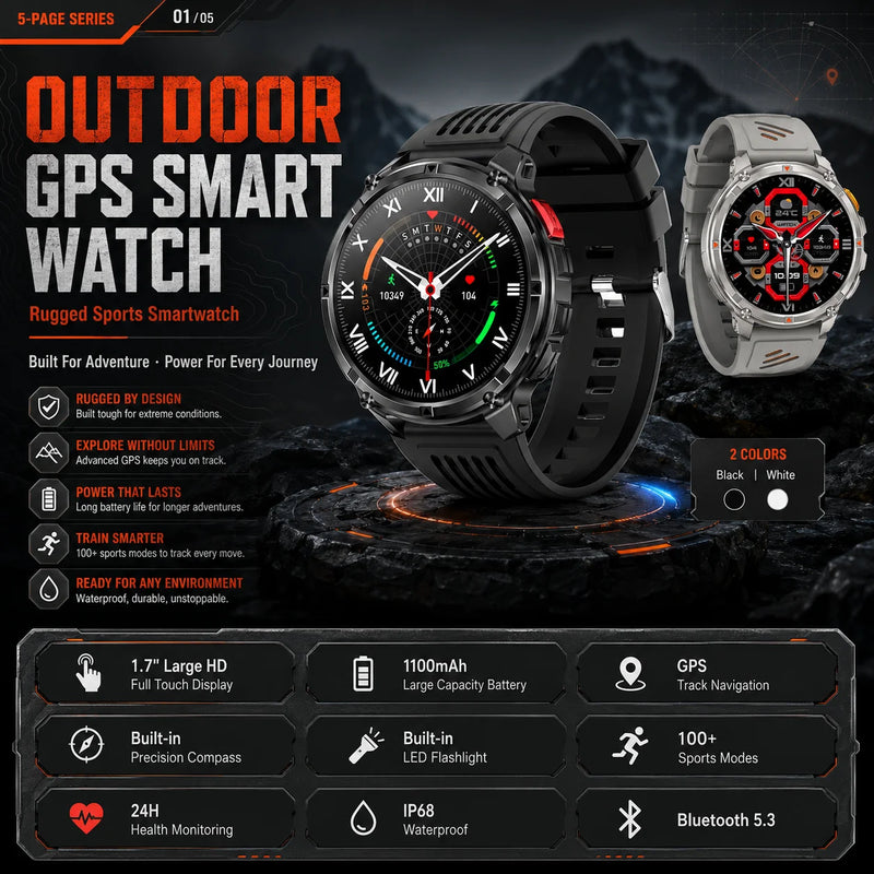 NEW 1100mAh Battery Sports Smart Watch Compass IP68 Waterproof Outdoor Flashlight Voice Assistant Heart Rate BT Call Smart Watch