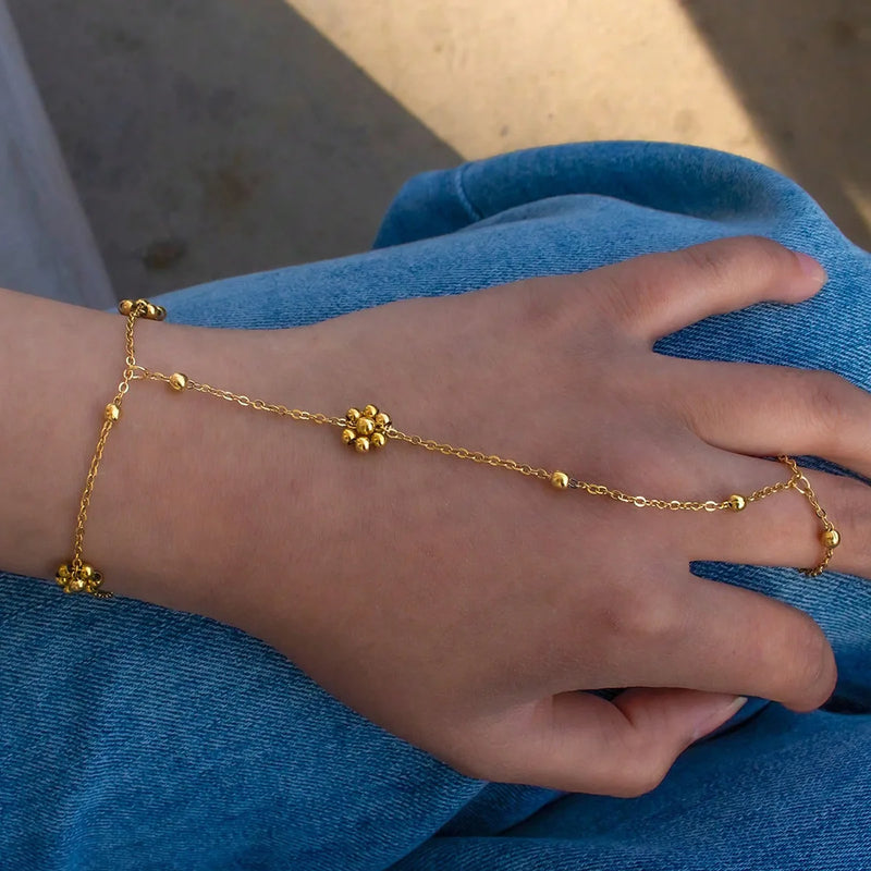 Stainless Steel Colorful Crystal Beads Flower Hand Chain Bracelet for Women Summer Dopamine Finger Ring Link Chain Beach Jewelry