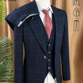 High Quality 3 Piece Checkered Suit Set Dark Blue Stylish Business Office Wedding Formal Outfit Elegant Full Man Dinner Suit