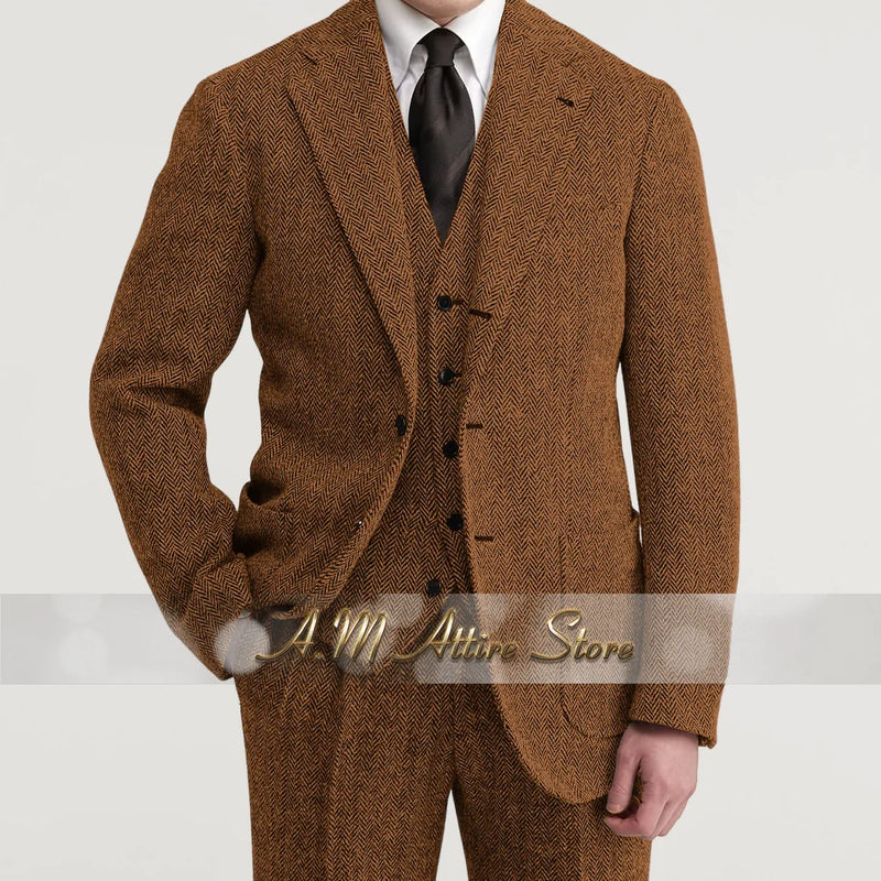 Grey Exquisite Men 3pcs Suit Herringbone Peak Lapel Jacket Vest Pants Set for Wedding Prom Graduation Birthday Party Father Gift