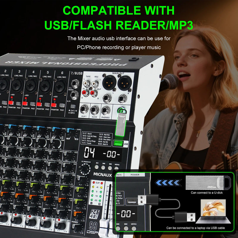 FULUODE X1-8C Audio Mixer 8-Channel Professional Mixer Console with 99 DSP Effects Mixing Board DJ Mixer with USB Bluetooth 48V