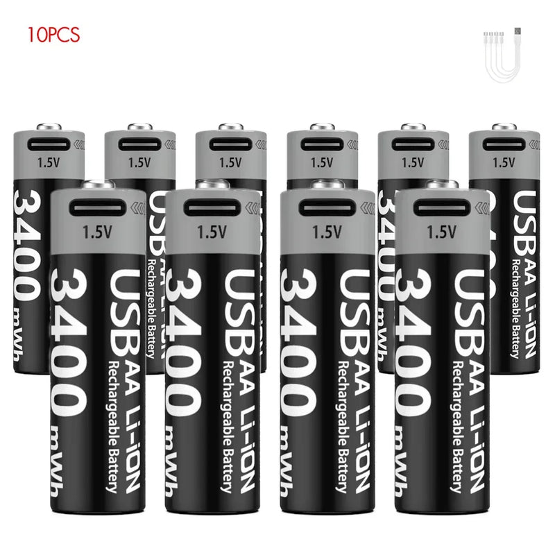 1.5V AA 3400mAh USB Type-C Rechargeable Lithium Battery for Hunting Camera Remote Control Mouse Smart Door Lock Microphone