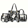 6 Pcs Women Plaid Handbag Set Fashion Checkered PU Leather Tote Shoulder Crossbody Bag Ladies Clutch Purse Card Coin Wallet Multi-piece Bag Set For Daily Shopping Party