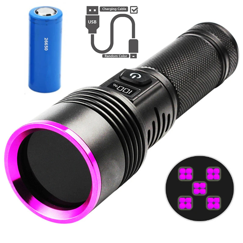 High Power Black Mirror Purple Light Detection Torch Powerful 365NM UV Flashlight Type-C USB Rechargeable LED Ultraviolet Lamp