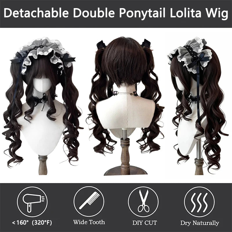 Blonde Pigtail Wig Long Curly Sweet Lolita Wigs with Bangs Heat Resistant Synthetic Hair For Women Halloween Cosplay Party Daily