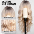 Long Blonde Ombre Brown Synthetic Wigs Water Wavy Platinum Wigs with Bang Hair Wig for Women Daily Cosplay Party Heat Resistant