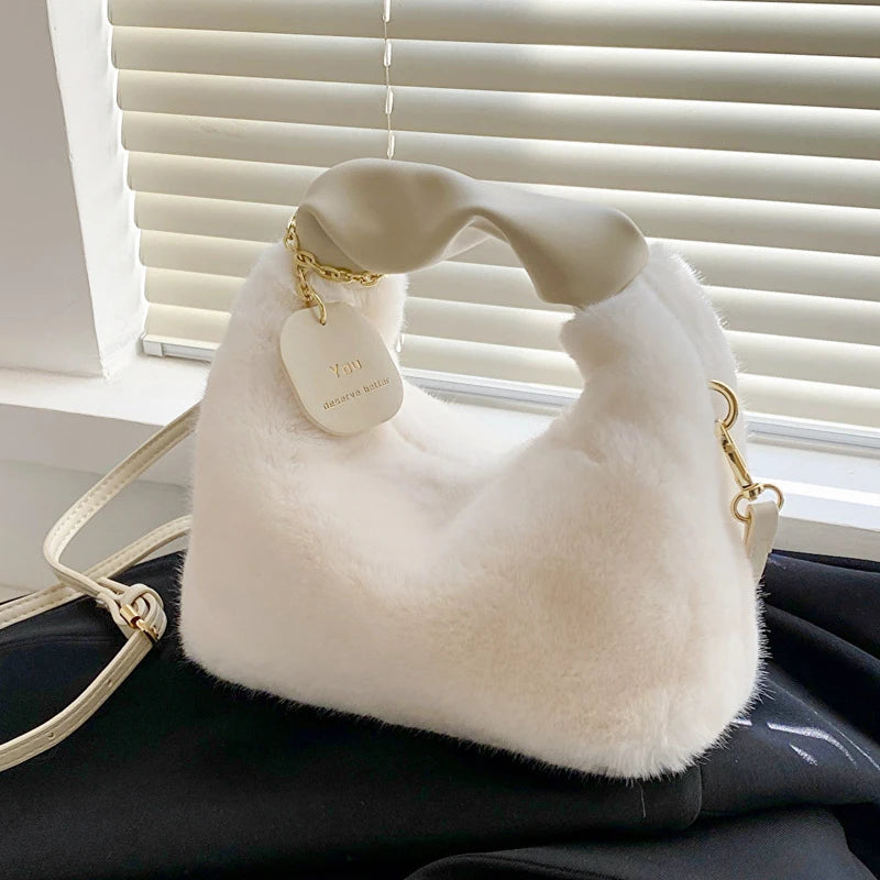 Women Faux Fur Plush Handbags Ruched Handle Small Lady Shoulder Crossbody Bag Casual Tote Half-Moon Hobos Winter Bags for Women