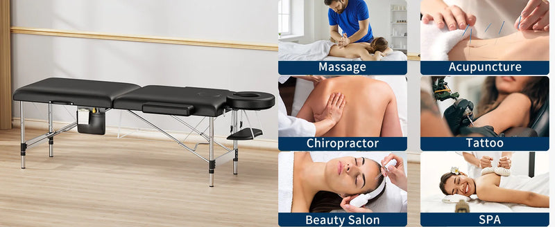 Massage Table Portable, 2-Fold Lash Bed with Side Pocket, Adjustable Height, Sturdy Aluminum Frame, Esthetician Spa Facial