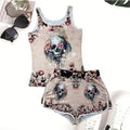 Women Skull Print Vest and Shorts Two Piece Sets Summer Casual Set Women