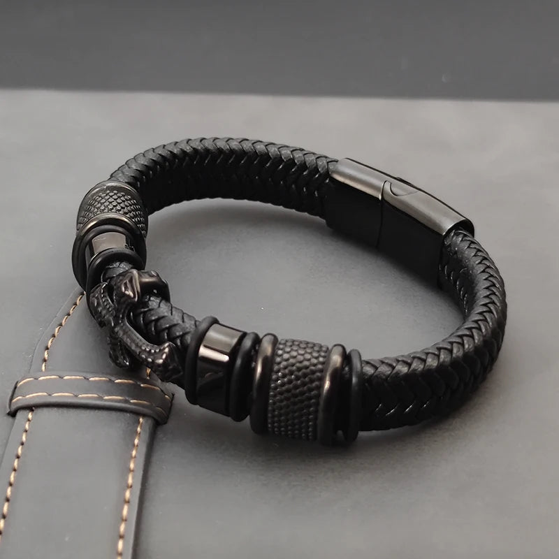 Dark Series Men's Leather Cross Bracelet New Fashion Hand-woven Rope Multi-layer Combination Stainless Steel Male Jewelry Gift