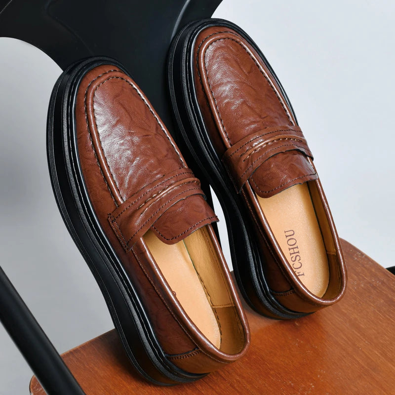 Premium Genuine Leather Men's Loafers Business Casual Slip-On Shoes with Thick Sole Height Increase Wedding Office Shoes