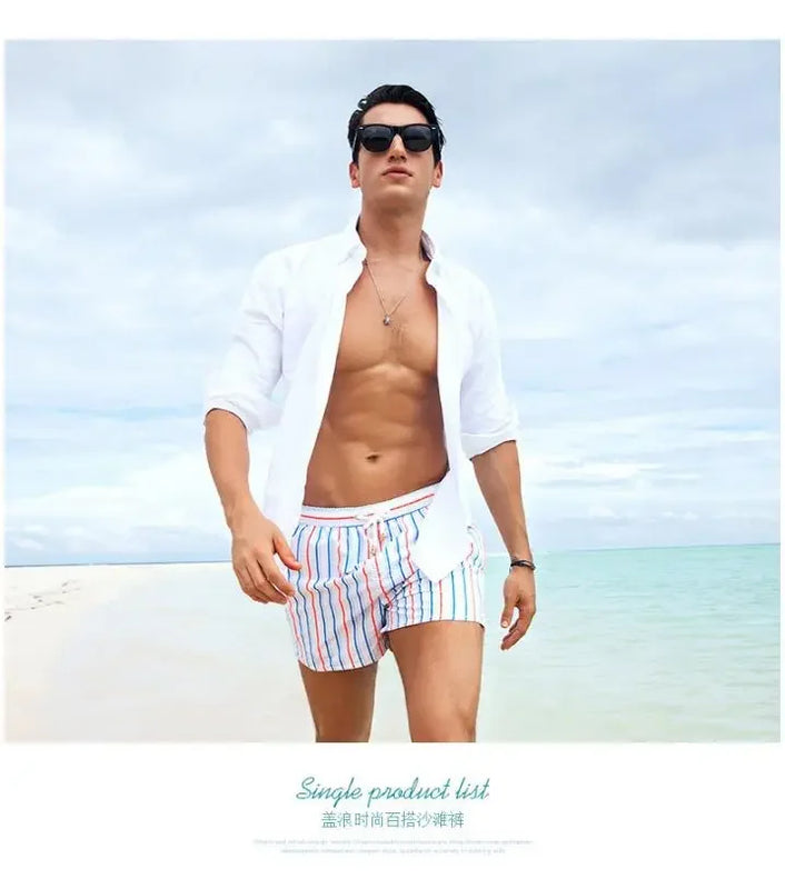 Striped Men Casual Shorts Beach Pants Board Short Quick Dry Sports Trunk Summer Seaside Beachwear Loose Homewear Sleeping Pajama