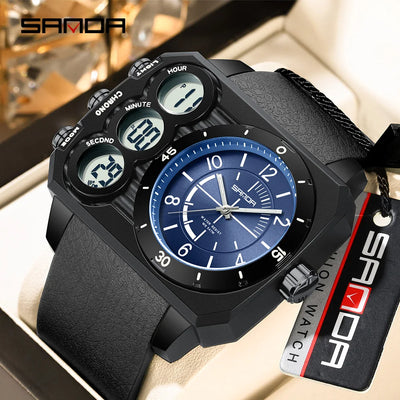 SANDA 6237 Fashion Student Large Dial Electronic Watch Multi functional Dual Display Waterproof LED Men's | SAMAG