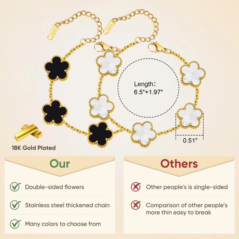 18K Gold Plated Floral Bracelets, Stainless Steel Charm Bracelet Non-Tarnish, Adjustable Lucky Chain Set Trendy Gift