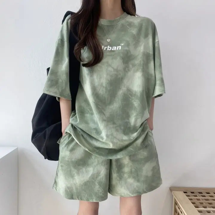 2026 Women T-Shirt Shorts Suit Set Casual Tie Dye Loose Tshirt Wide Leg Middle Shorts With Pockets Female Soft Summer Shorts Set
