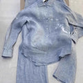 New Summer Women Leisure Lapel Collar Shirt Elegant Pantsuits Fashion Blue Suit Two-piece Set Simple Loose Comfortable Shirt