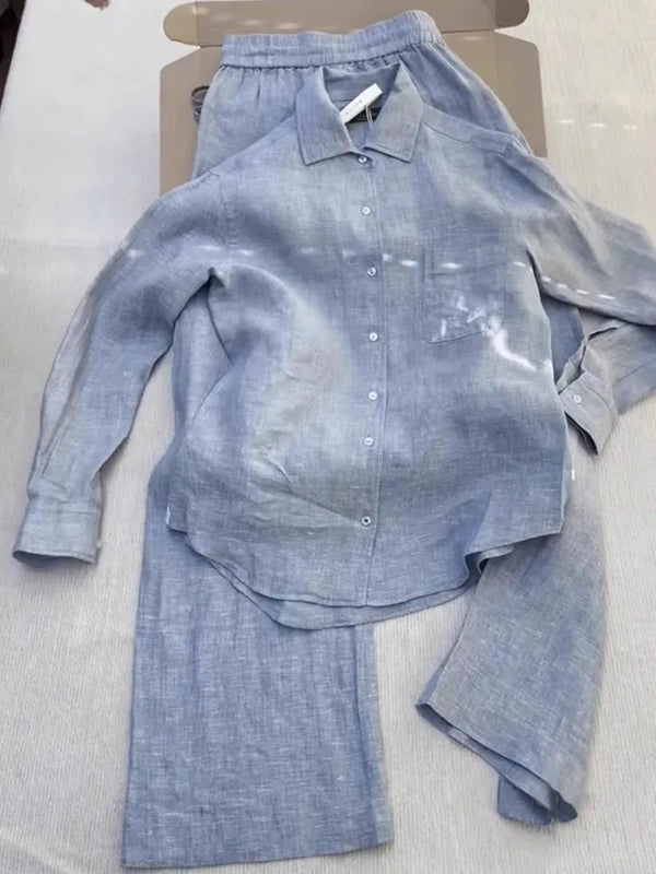 New Summer Women Leisure Lapel Collar Shirt Elegant Pantsuits Fashion Blue Suit Two-piece Set Simple Loose Comfortable Shirt