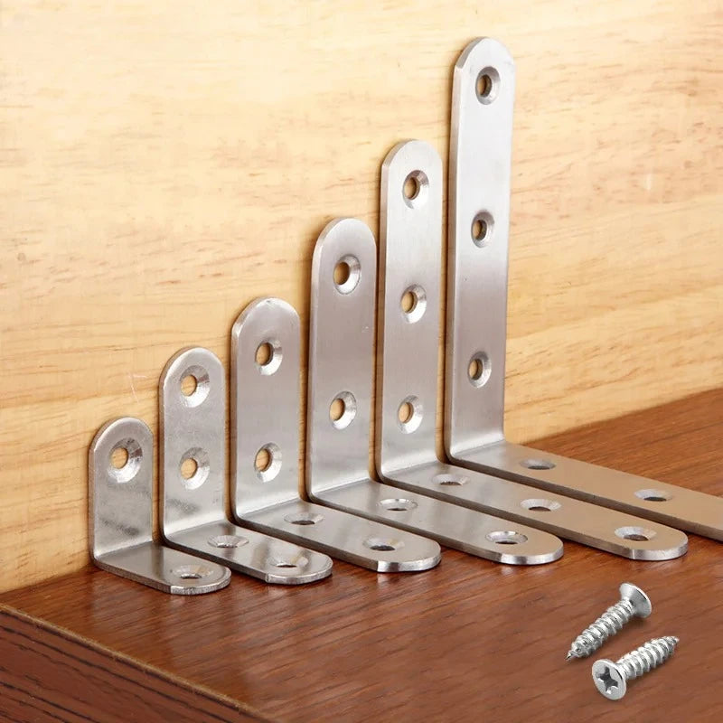 Corner Bracket Connector Brace (Stainless Steel) - 90 Angle Iron Joint Fastener for Furniture Cabinet Screens Shelf Support