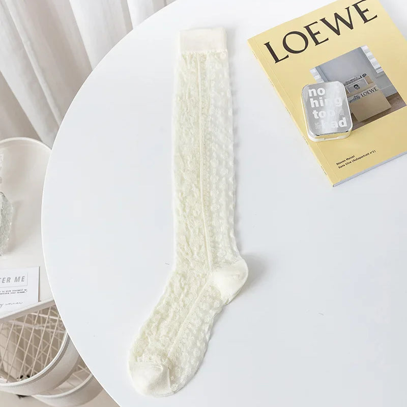 Crystal Silk Socks Stockings Women Summer Ultra-thin Transparent Nylon Long Socks Lingerie Sexy Lace Floral Knee Socks Stockings