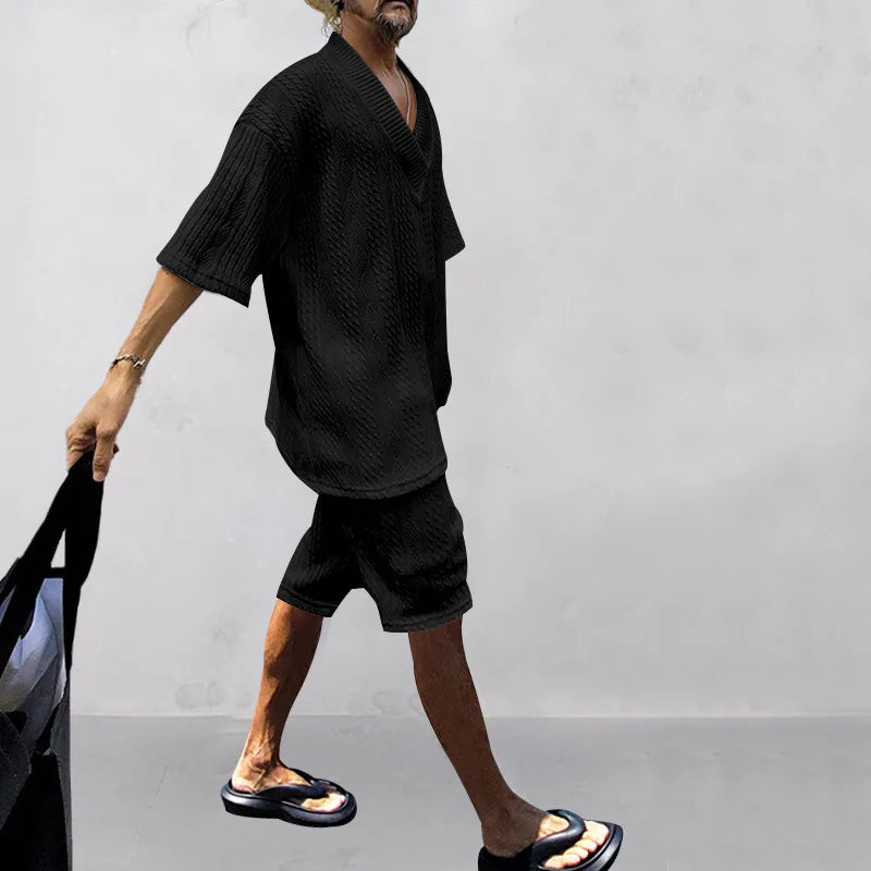 Men's Summer V-neck Jacquard Short Sleeve & Set Textured | SAMAG