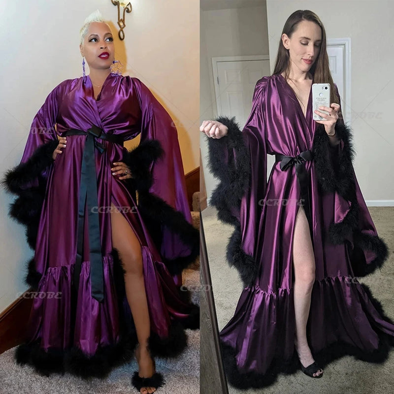 Bathrobe for Women Flare Sleeves Feather Bridal Robe Nightgown Silk Illusion Long Wedding Scarf Dressing Gown Photography Dress