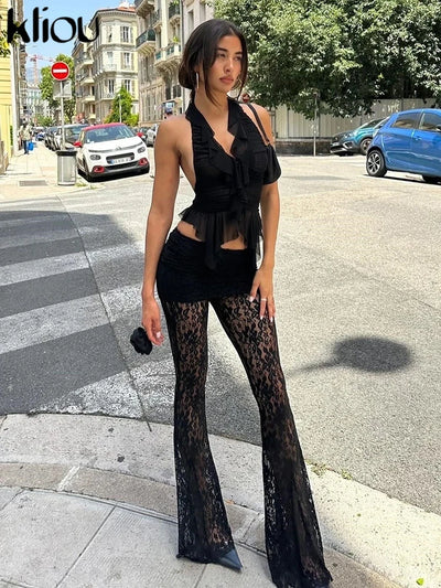 Kliou Lace Stacked Sexy Pants Women Chic Solid See | SAMAG