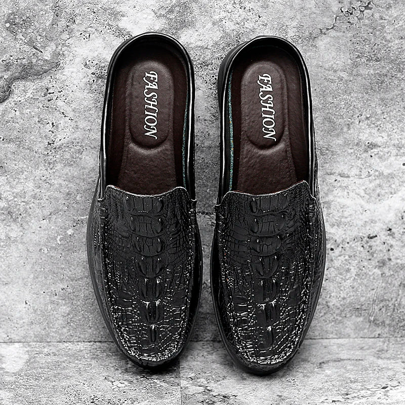 Summer Classic Half Shoes men Genuine Leather Crocodile pattern man Half Slippers Casual Outdoor Mules Non-slip Moccasins hombre