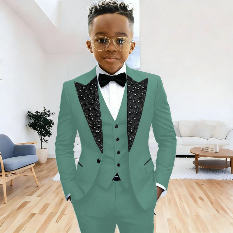 Black Suit for Boys Evening Party Tuxedo Kids Wedding Beaded Crystals Suit 3 Piece Boy Suit Jacket Pants Vest Formal Prom Dress
