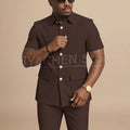 Navy Blue Striped Men Suits Chic Stand Collar Short Sleeves Wear Single Breasted Office Business Casual Male Suit 2 Piece