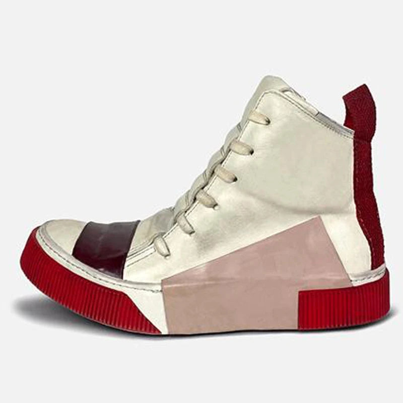 Retro Mixed Color Men Ankle Boots Handmade Genuine Leather High-top Men Sneakers Dark Black Street Style Fashion Men Flat Shoes