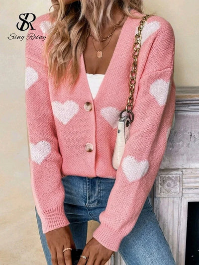 SINGREINY Sweet Love Knitted Cardigan Women Autumn V - neck | SAMAG