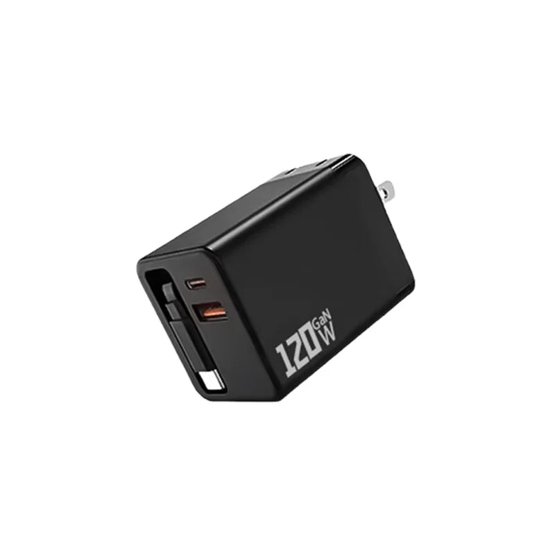3 In 1 120W GaN Charger USB Type C Fast Charging Phone Charger Adapter With Retractable USB C Cable Wall Plug For iPhone Huawei