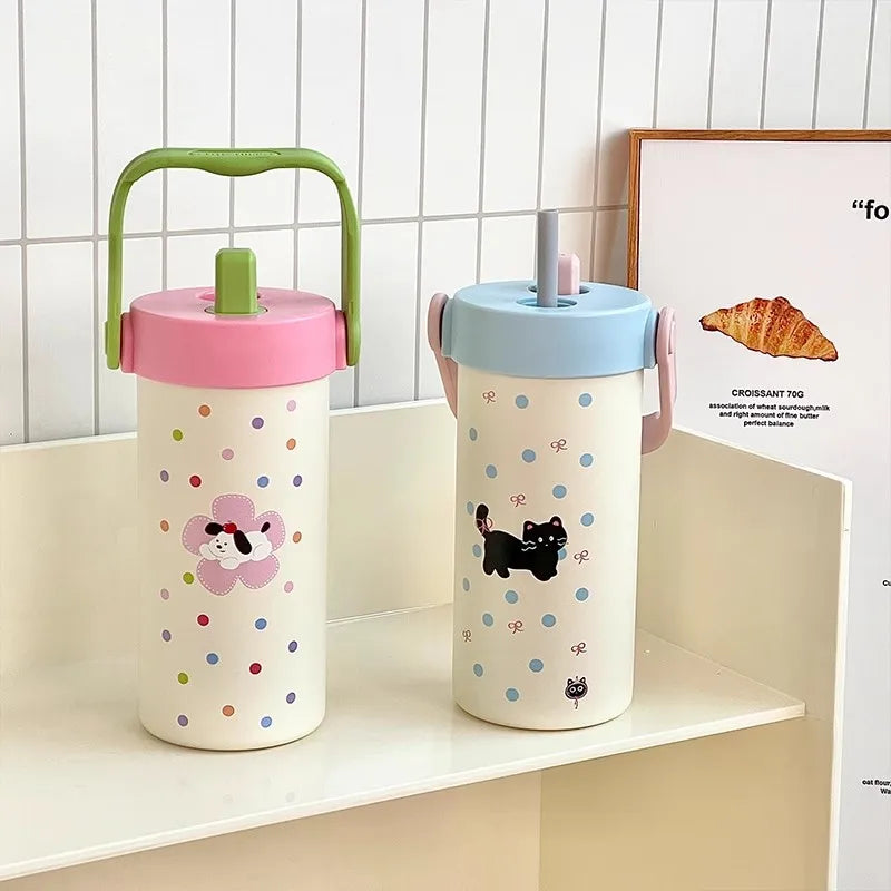 Cute Cat Thermos Mug 600ml Coffee Tea Tumbler Stainless Steel 316 Portable Thermal Water Bottle With Straw Tea Infuser Handle