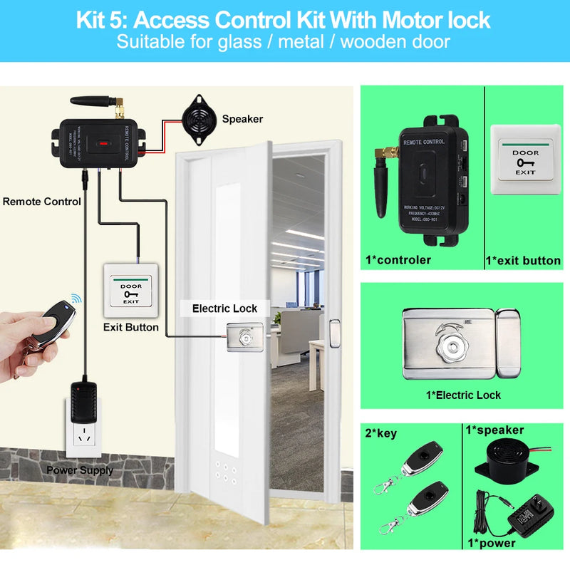 Smart Wireless Access Control System Kits Keyless 433Mhz Remote Control Unlock Kit Gate Opener Electronic Lock System Door Entry