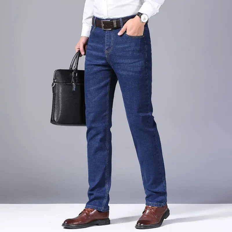 Men's fashion business jeans classic style casual elastic slim fit denim pants black blue - View 3 | SAMAG