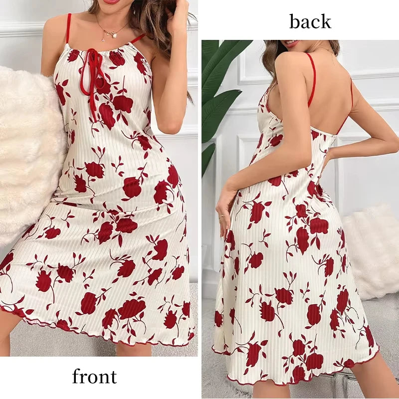 Sexy Women's Floral Print Ribbed Slip Dress Spaghetti | SAMAG