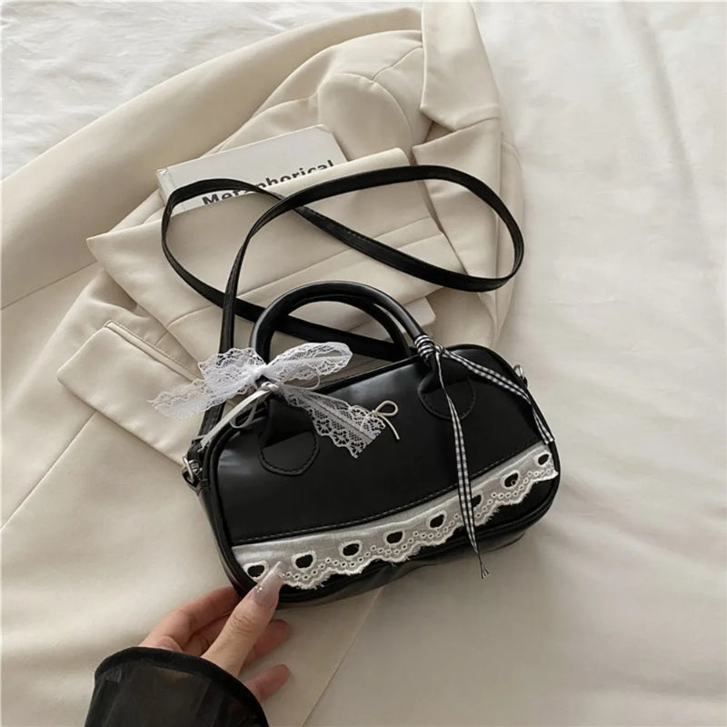 Zipper PU Leather Boston Handbag Lace Ribbon Bow Crossbody Bowling Bag Korean Style Waterproof Small Square Bag Travel