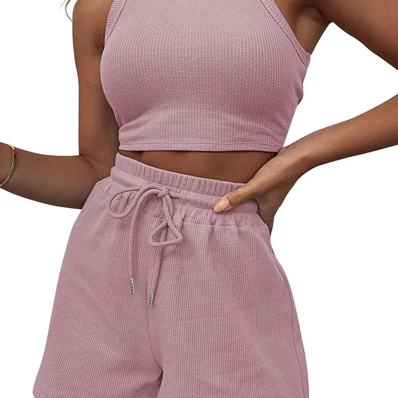 Hot Sells Women's Shorts 2-piece Set Waffle Short Vest Sports Running Elastic Waist Drawstring Summer Fashion Set for Female