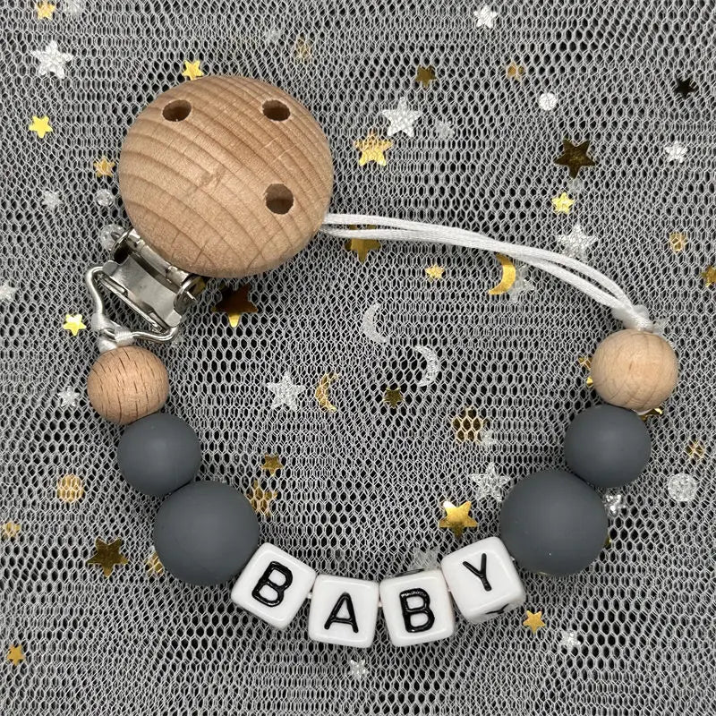 Free Custom Personalized Name Pacifier Clips Handmade Beech Wood Chain Silicone Crown Holder Soother Baby Teething Toy Chew Gift
