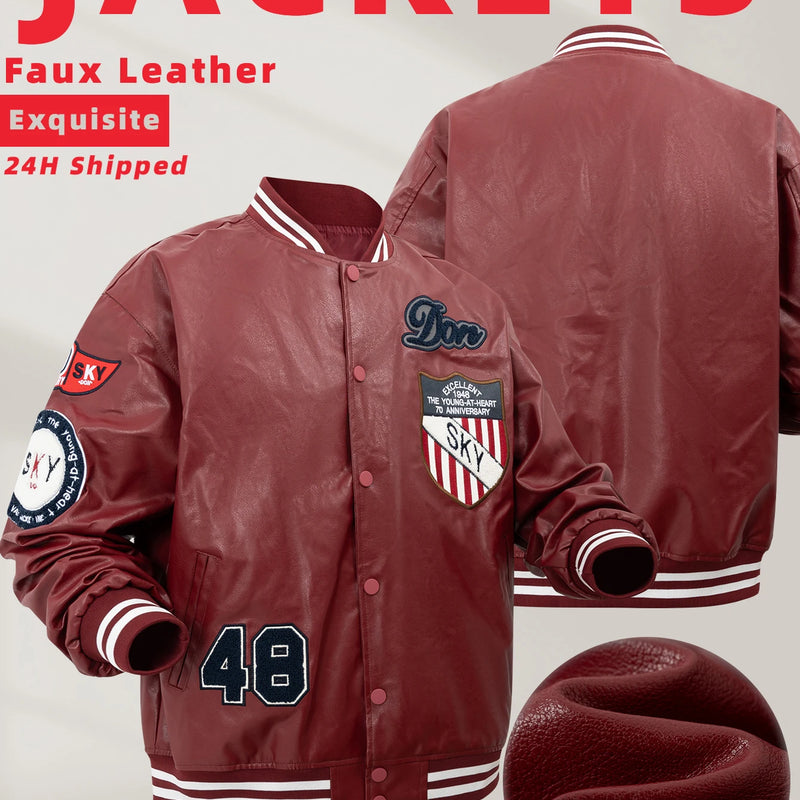 Men's Faux Leather Jackets Varsity Embroidered Baseball Coat Casual Daily Motorcycle Windbreaker Outerwear New in Jacket