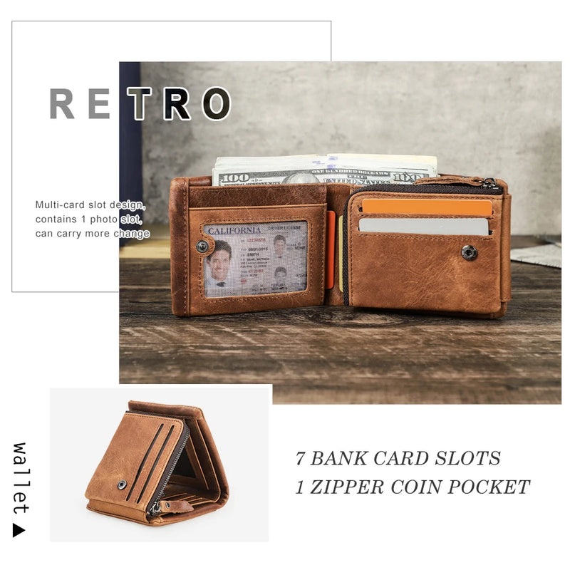 CONTACT'S Genuine Crazy Horse Leather Men Wallets Vintage Trifold Wallet Zip Coin Pocket Purse Cowhide Leather Wallet For Mens